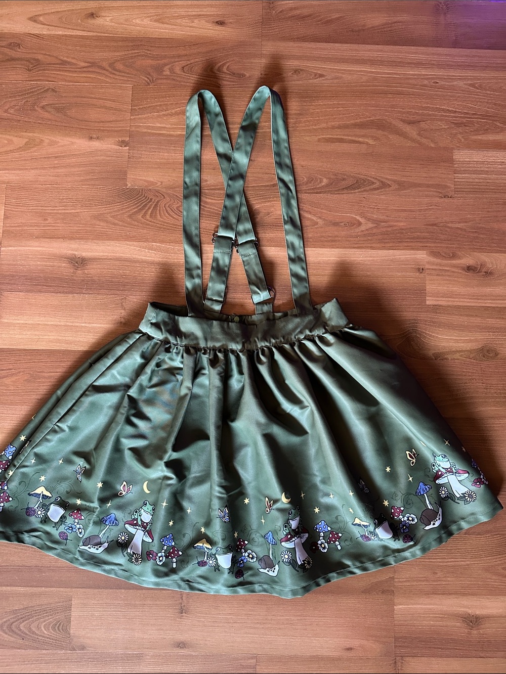 Hot Topic Olive Green Suspender Skirt with Mushroom Border